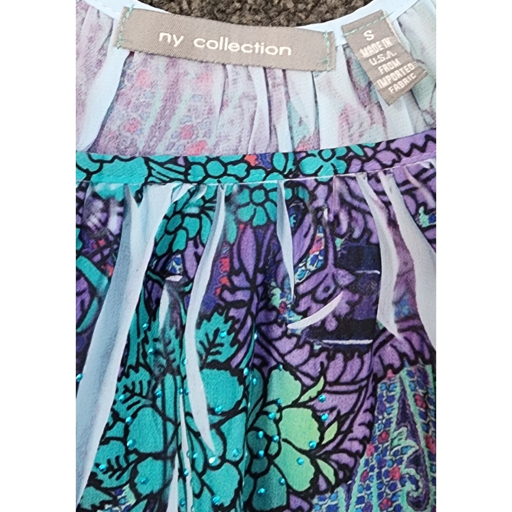 NY Collection Paisley Blouse Sheer Embellished Top‎ Purple Teal S Small - Picture 3 of 7
